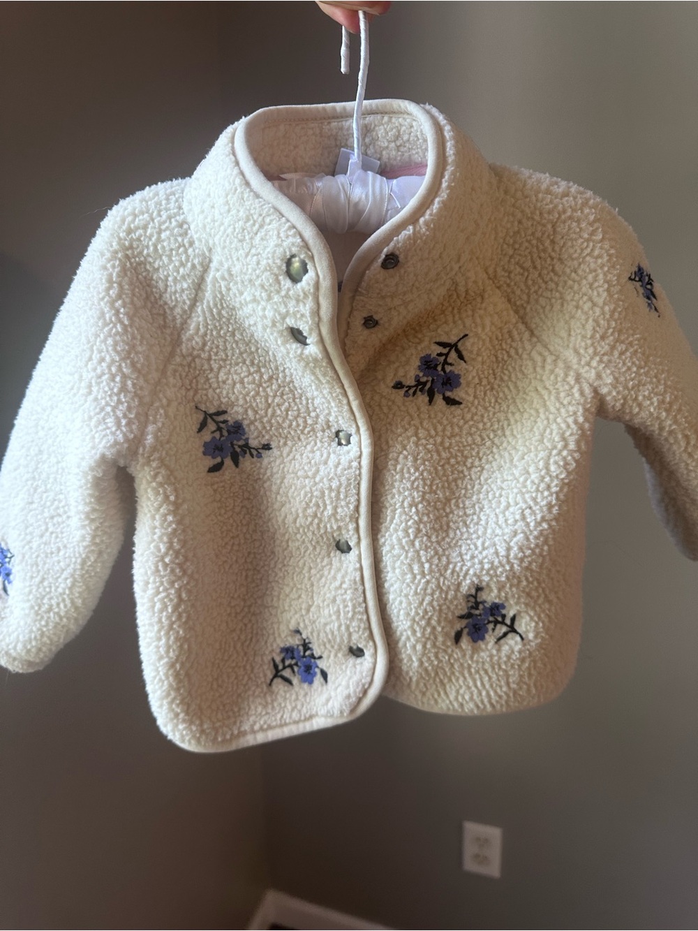 6-12 Months Cream Floral Embroidered Sherpa Jacket Baby Girl Outerwear